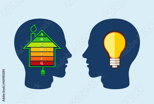 Energy efficient house concept with classification graph and idea light bulb inside two men heads