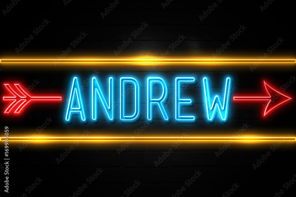 Andrew - fluorescent Neon Sign on brickwall Front view Andrew - fluorescent Neon Sign on brickwall Front view