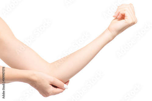 Photography Female hand hurts the elbow of a hand