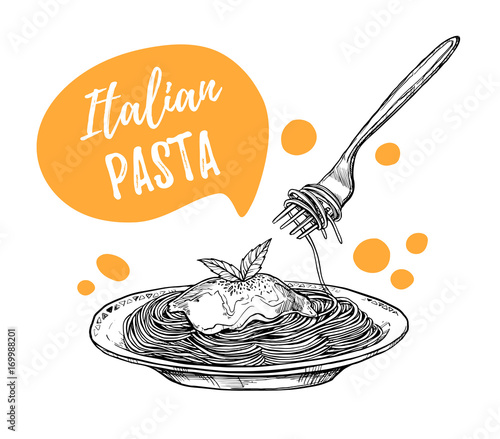 Hand drawn vector illustrations. Design template - Pasta. Italian food. Design elements in sketch style. Perfect for menu, delivery, blogs, restaurant banners, prints etc