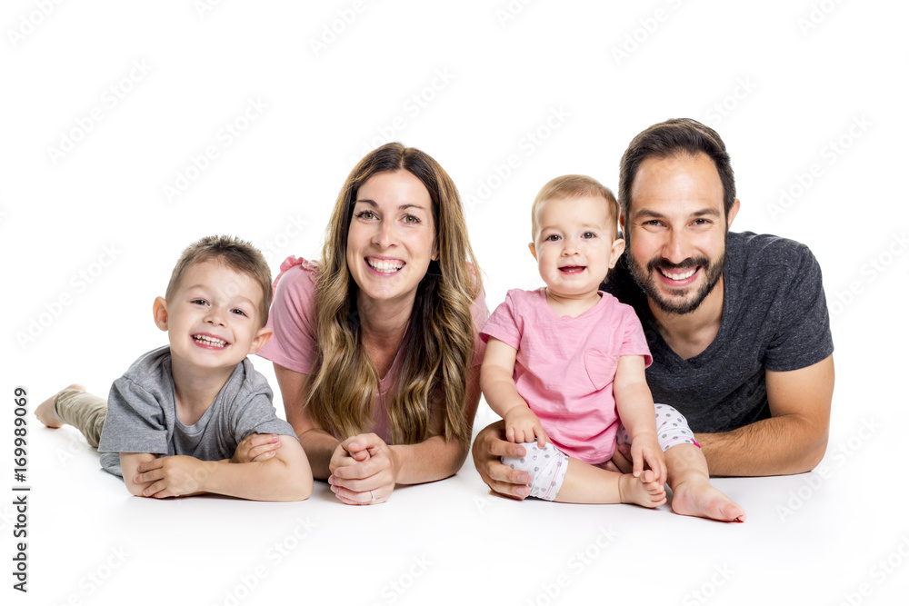 happy smiling family of four isolated on white background happy smiling family of four isolated on white background