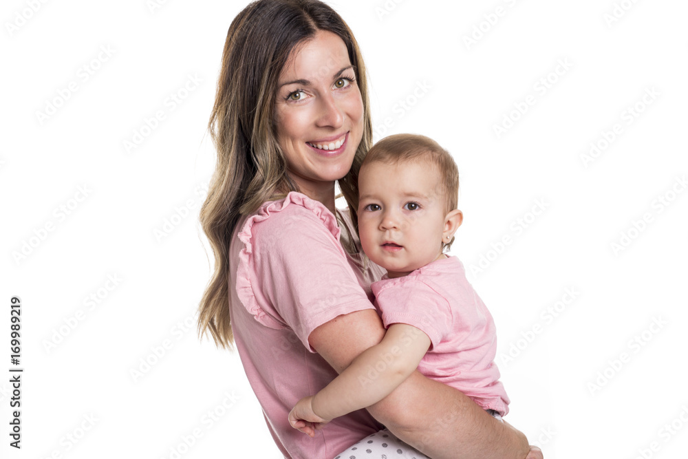 portrait of a mother with baby isolated on white portrait of a mother with baby isolated on white