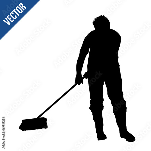 Janitor man silhouette sweeping