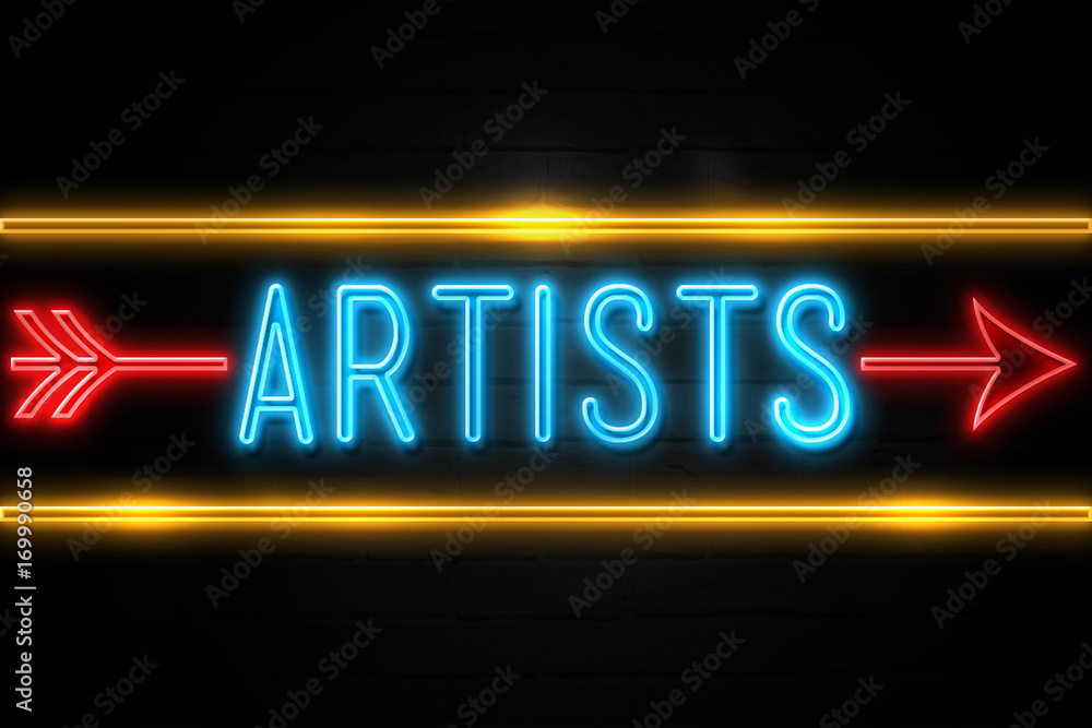 Obraz premium Artists - fluorescent Neon Sign on brickwall Front view