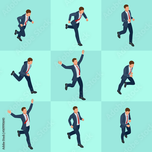 Set isometric running businessman. Businessman Man on white background. Isometric character poses. Cartoon people. Create your own design for vector