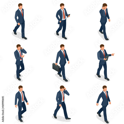 Isometric set of Businessman and businesswoman character design. People isometric business man in different poses isolated. Working in office.