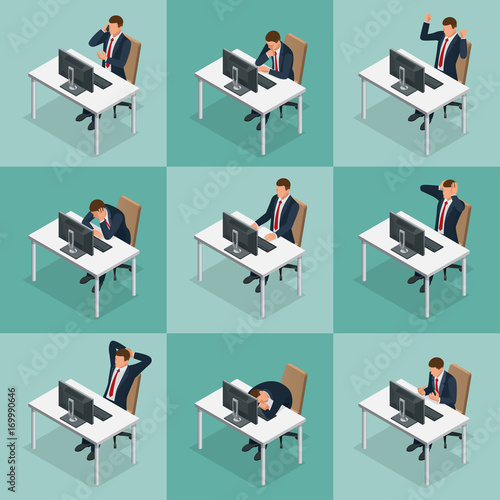 Isometric set of Businessman and businesswoman character design. People isometric business man in different poses isolated. Working in office.