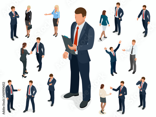 Isometric set of Businessman and businesswoman character design. People isometric business man in different poses isolated.