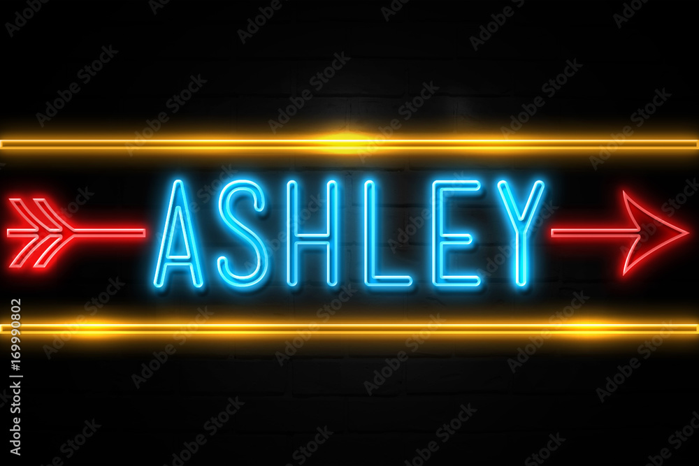 Ashley - fluorescent Neon Sign on brickwall Front view Stock