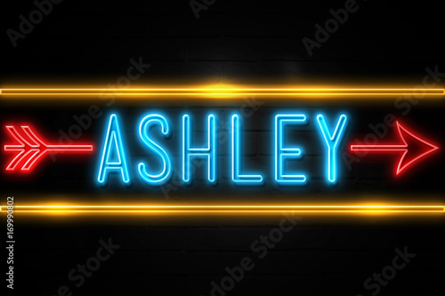 Ashley - fluorescent Neon Sign on brickwall Front view