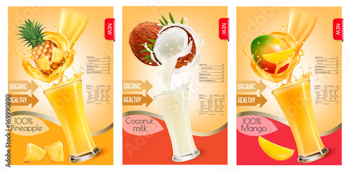 Set of labels of of fruit in juice splashes. Pineapple, coconut, mango. Vector.