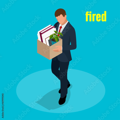 Isometric 3d vector illustration people Dismissed sad man carrying box with her things Dismissal, Unemployment, jobless and employee job reduction concept