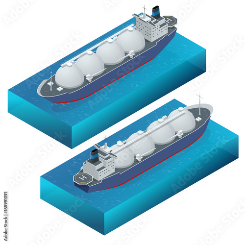 Isometric vector illustration gas tanker, flat design isolated on white background. Cargo ships. Oil, gas tanker. Container ship. LNG tanker