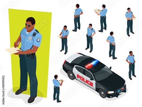 Isometric police-officer in uniform and police car. Vector illustration Isolated on white background. Police officer emergency service car driving street
