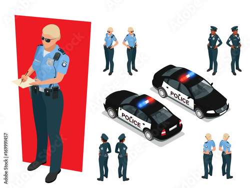 Isometric police-officer in uniform and police car. Vector illustration Isolated on white background. Police officer emergency service car driving street