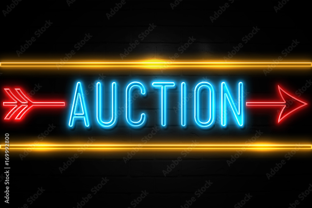 Auction - fluorescent Neon Sign on brickwall Front view Auction - fluorescent Neon Sign on brickwall Front view
