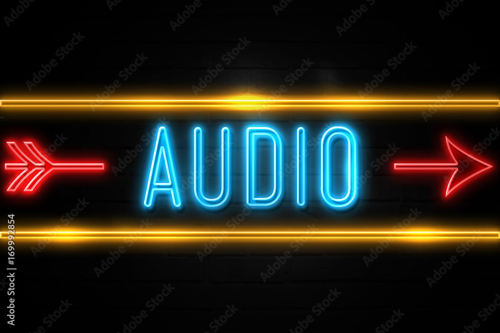 Obraz premium Audio - fluorescent Neon Sign on brickwall Front view
