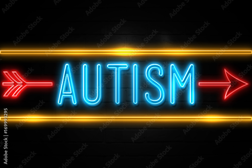 Autism - fluorescent Neon Sign on brickwall Front view Autism - fluorescent Neon Sign on brickwall Front view