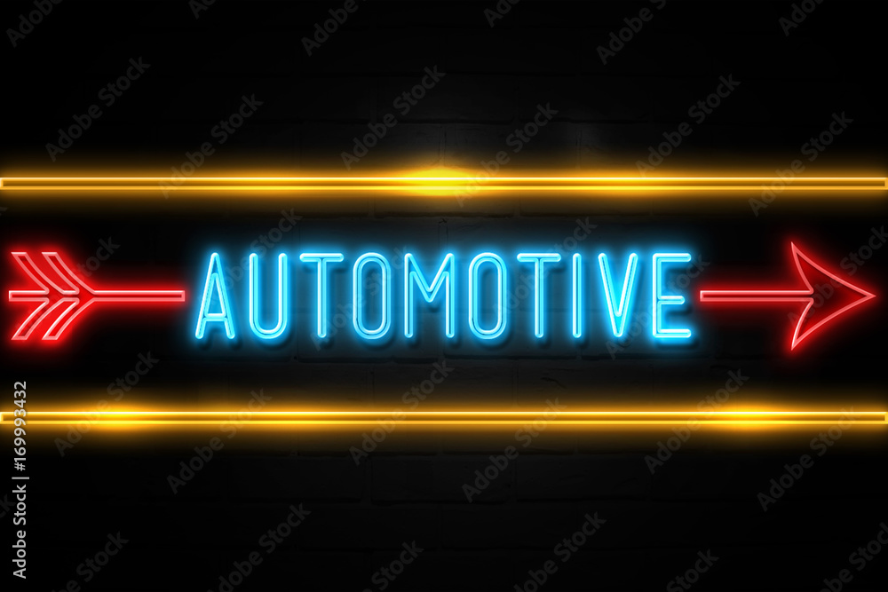 Automotive - fluorescent Neon Sign on brickwall Front view Automotive - fluorescent Neon Sign on brickwall Front view