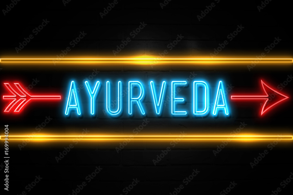 Ayurveda - fluorescent Neon Sign on brickwall Front view Ayurveda - fluorescent Neon Sign on brickwall Front view
