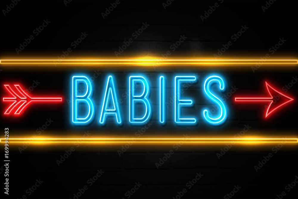 Babies  - fluorescent Neon Sign on brickwall Front view
