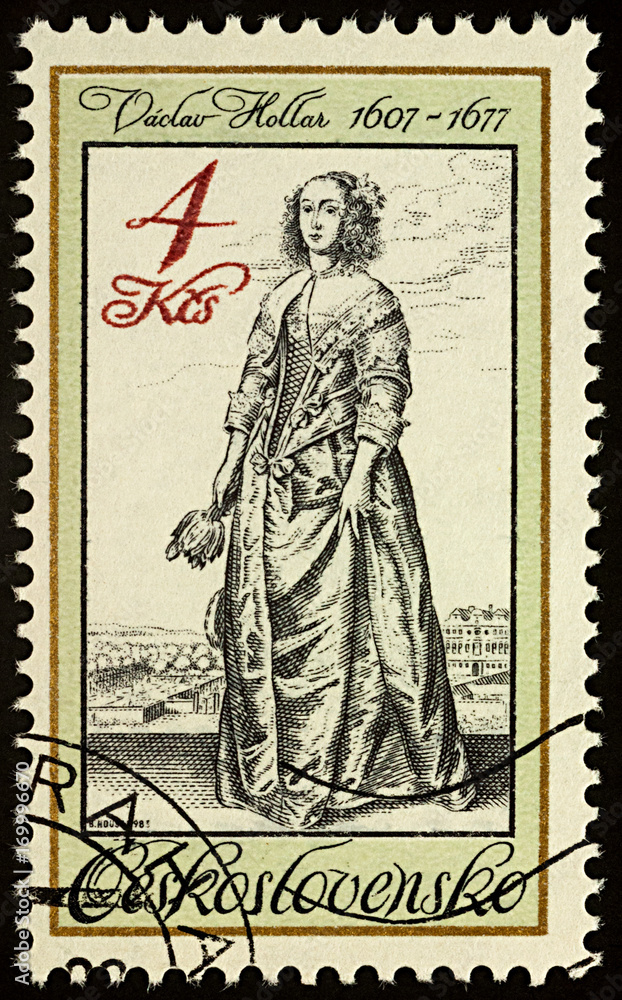 Engraving of Lady with Flower by Vaclav Hollar on postage stamp