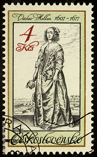 Engraving of Lady with Flower by Vaclav Hollar on postage stamp photo