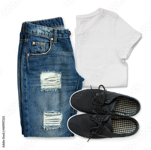 White t-shirt, blue boyfrie...