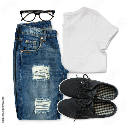 White t-shirt, blue boyfrie...