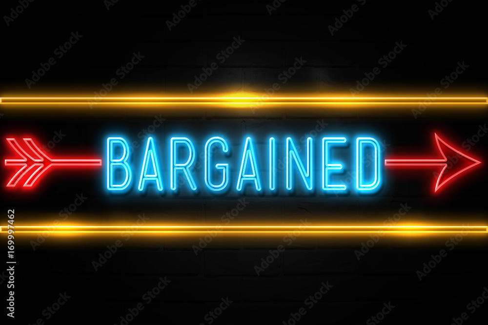 Fototapeta premium Bargained - fluorescent Neon Sign on brickwall Front view