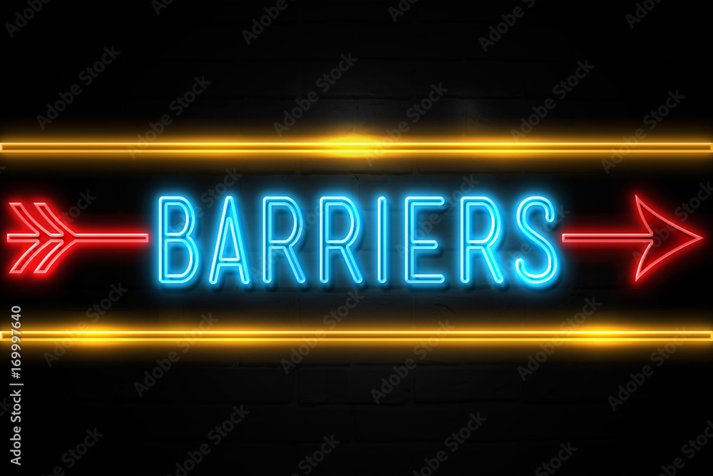 Barriers  - fluorescent Neon Sign on brickwall Front view