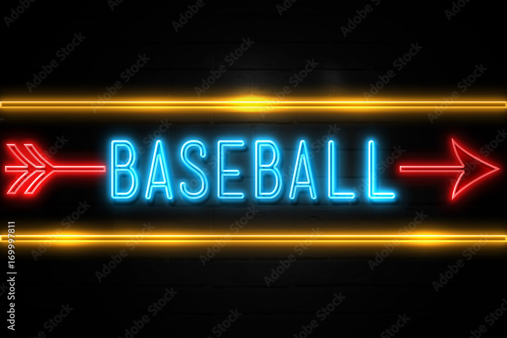 Baseball  - fluorescent Neon Sign on brickwall Front view