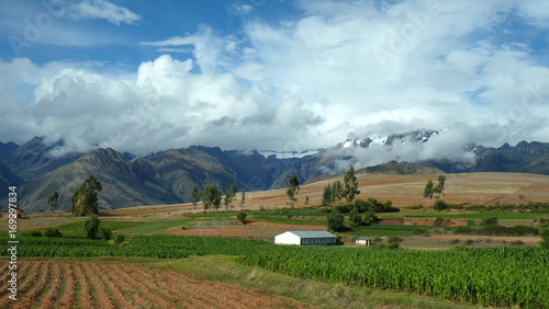 Farms and field in the Sacred Valley, a region in Peru's Andean highlands.