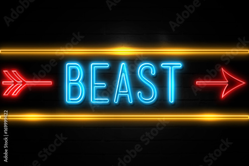 Beast - fluorescent Neon Sign on brickwall Front view