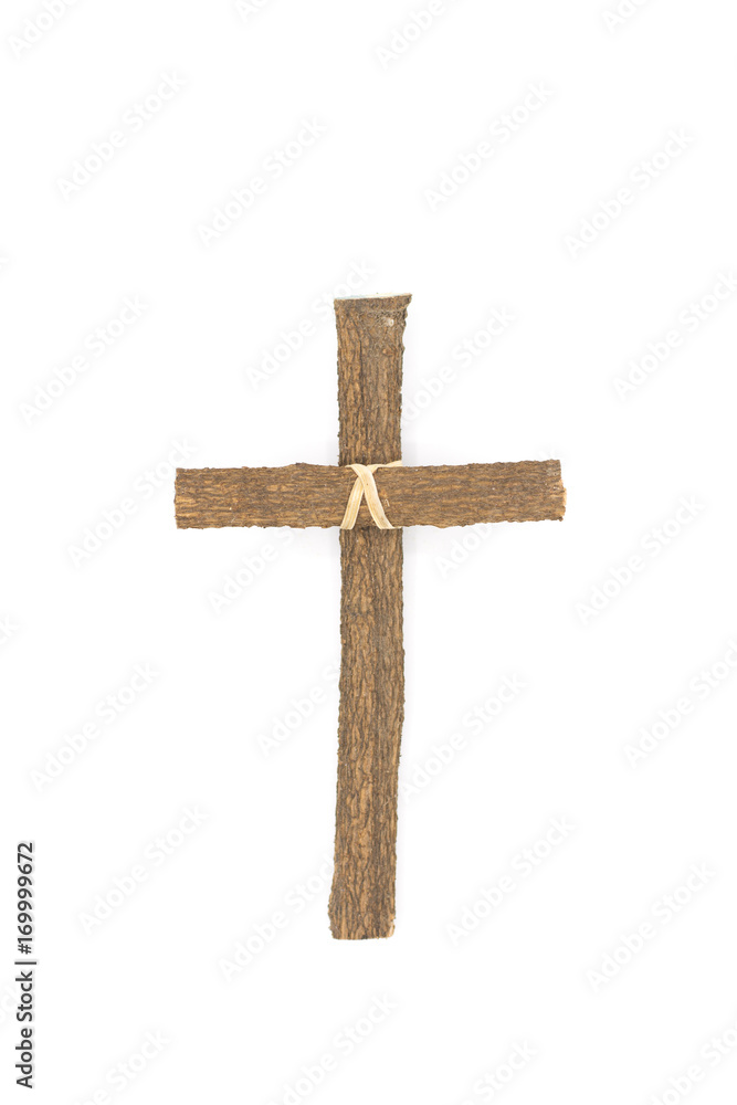 Wood cross or religion symbol shape over wood  background for God.isolated on white.