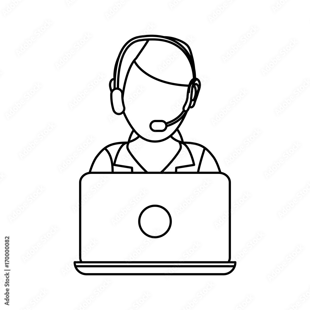 woman with headset and laptop computer icon over white background vector illustration