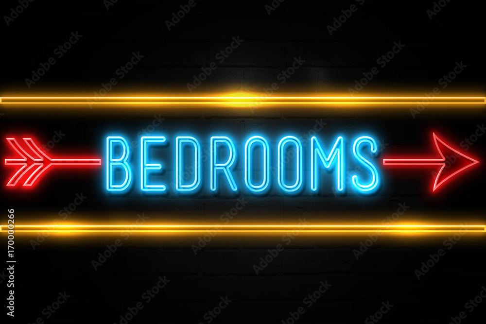 Bedrooms  - fluorescent Neon Sign on brickwall Front view