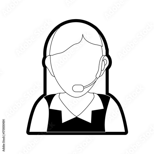 flat line monocromatic  face woman call center  over white  background  vector illustration