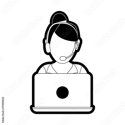 flat line monocormatic woman call center over white  background vector illustration