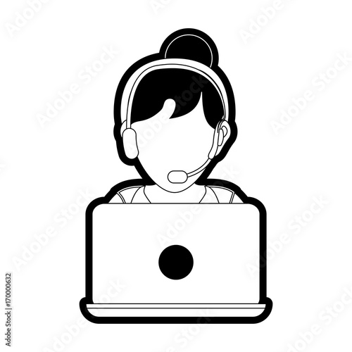 flat line monocormatic woman call center over white  background vector illustration