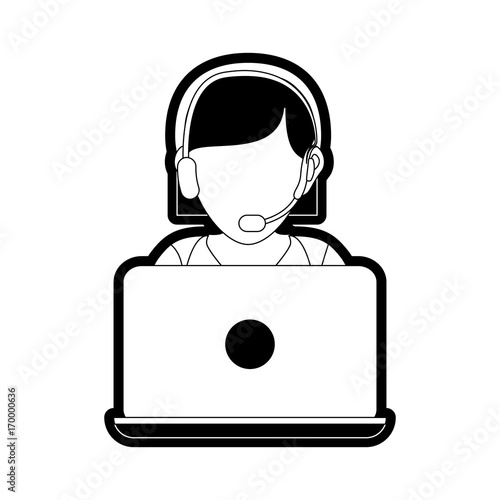 flat line monocormatic woman call center over white  background vector illustration