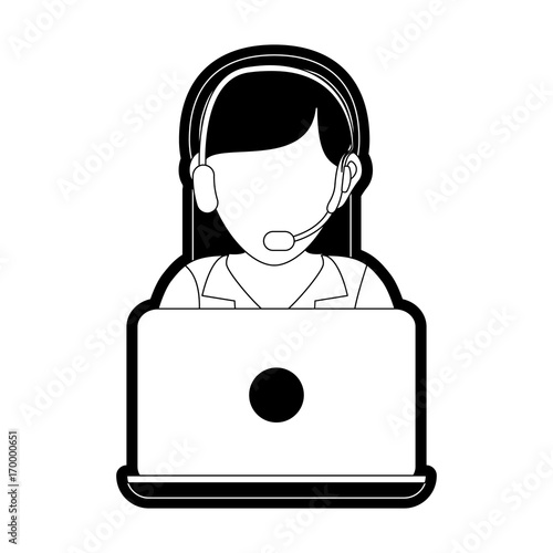 flat line monocormatic woman call center over white  background vector illustration