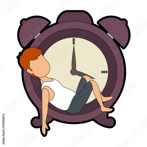 man sleeping on alarm clock vector illustration design