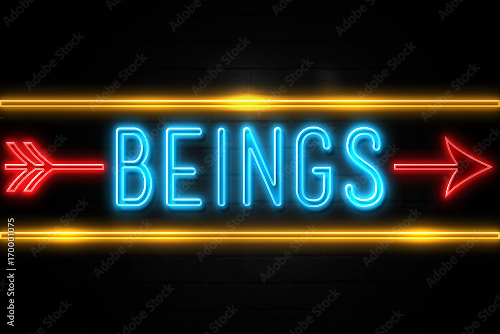 Beings  - fluorescent Neon Sign on brickwall Front view