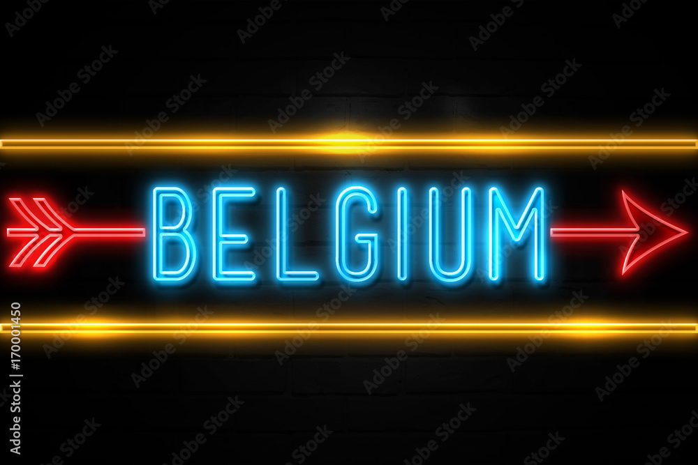 Belgium - fluorescent Neon Sign on brickwall Front view Belgium - fluorescent Neon Sign on brickwall Front view