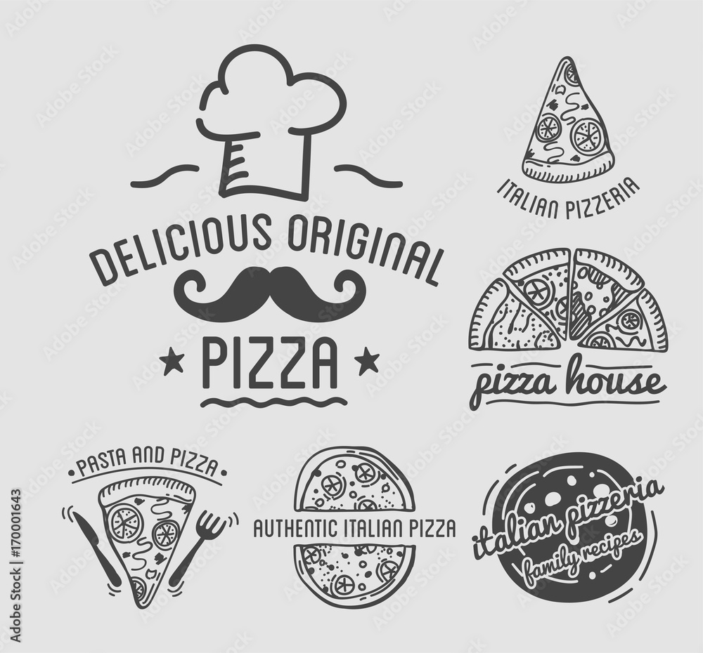 Delicious original Italian pizza house monochrome emblems set