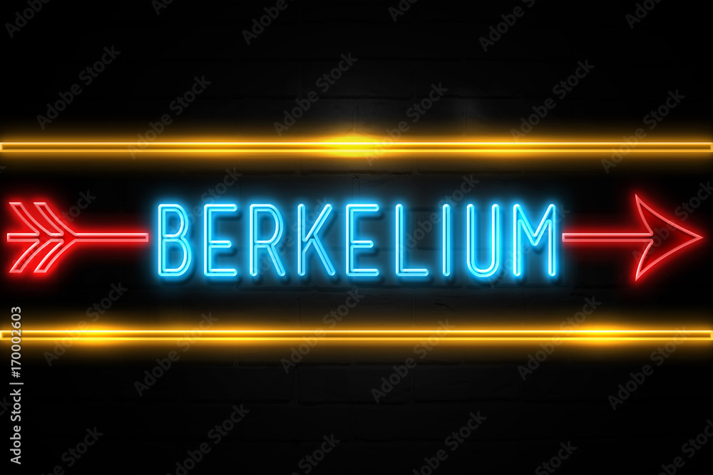 Berkelium - fluorescent Neon Sign on brickwall Front view Berkelium - fluorescent Neon Sign on brickwall Front view