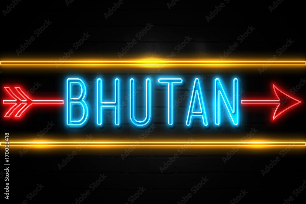 Bhutan - fluorescent Neon Sign on brickwall Front view Bhutan - fluorescent Neon Sign on brickwall Front view
