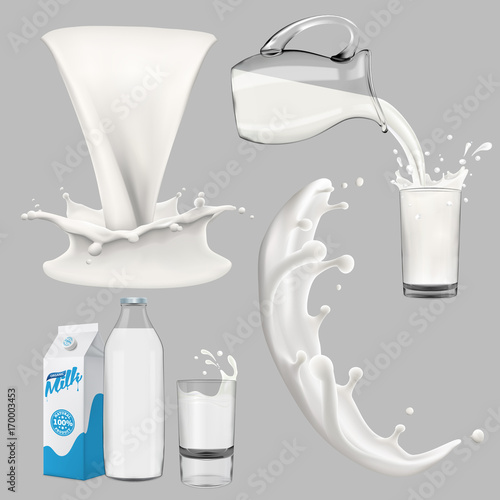 whole milk big set, pouring and splashing 3d vector realistic illustration, diary product design elements