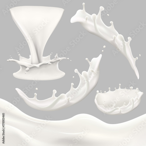 whole milk big set, pouring and splashing 3d vector realistic illustration, diary product design elements
